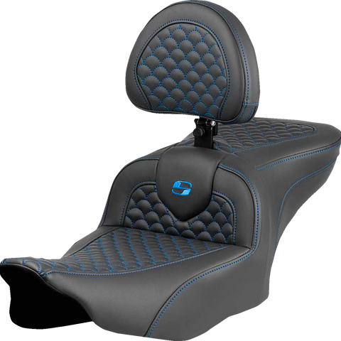 SADDLEMEN Roadsofa* Seat - Dragon Scale Stitch - Blue Stitch - w/ Backrest - FLTR/FLHX '23-'24 823-07-208B1
