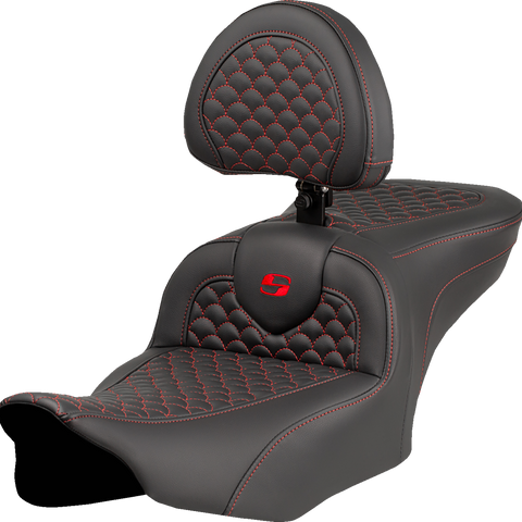 SADDLEMEN Roadsofa* Seat - Dragon Scale Stitch - Red Stitch - w/ Backrest - FLTR/FLHX '23-'24 823-07-208B4