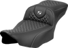 SADDLEMEN Roadsofa™ Extended Reach Seat for FLT/FLH 2023-2024 – Dragon Scale Stitch with White Thread