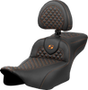 SADDLEMEN Roadsofa™ Extended Reach Seat with Backrest – Dragon Scale Stitch and Orange Stitch for FLT/FLH 2023-2024, Part #823-07-209B3
