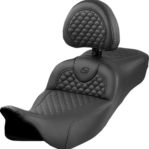 SADDLEMEN Roadsofa* Extended Reach Seat - Dragon Scale Stitch - Black Stitch - w/ Backrest - FLH/FLT '08-'24 808-07B-209B0