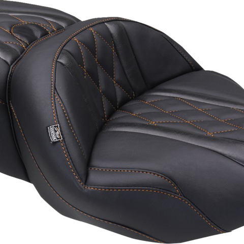 MUSTANG Deluxe One-Piece 2-Up Seat with Diamond Pattern and Mandarin Orange Stitch for FLT/FLH 2023-2025 – Model 89411MO
