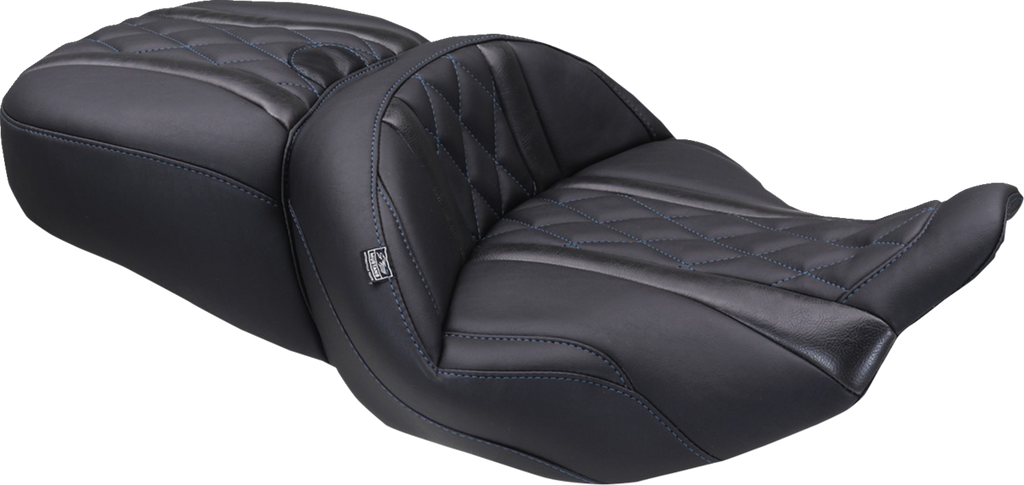 MUSTANG Deluxe One-Piece 2-Up Seat with Diamond Pattern for FLT/FLH 2023-2025 – Sky Blue Stitch, Part# 89411SB