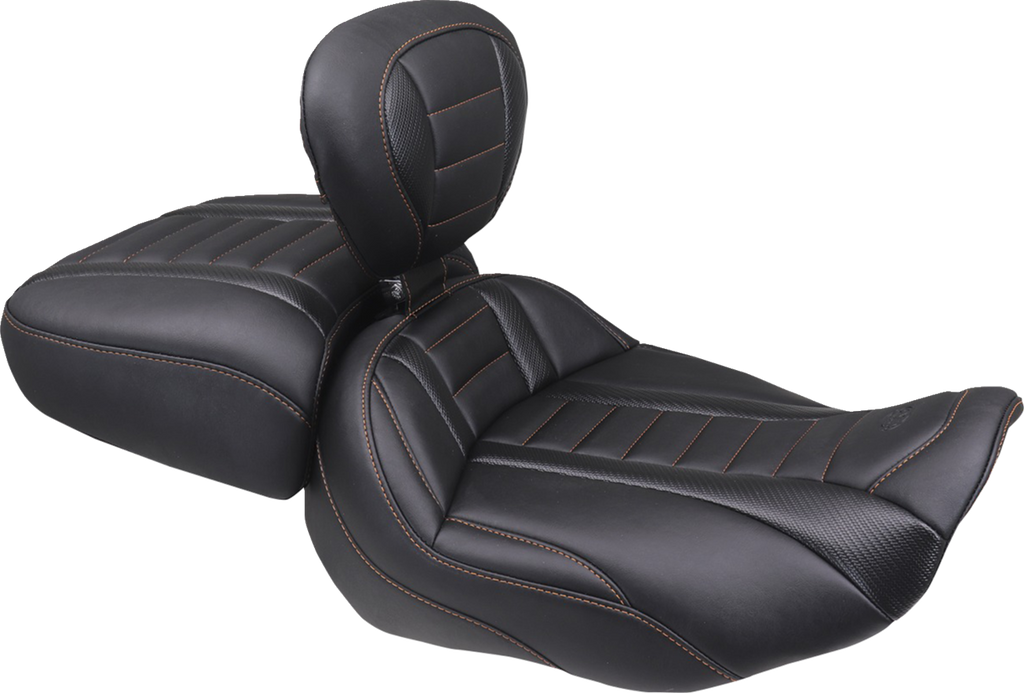 MUSTANG Deluxe Touring Solo Seat with Backrest for Harley FLT/FLH 2023-2025 – Mandarin Orange Stitch Part #89401MO