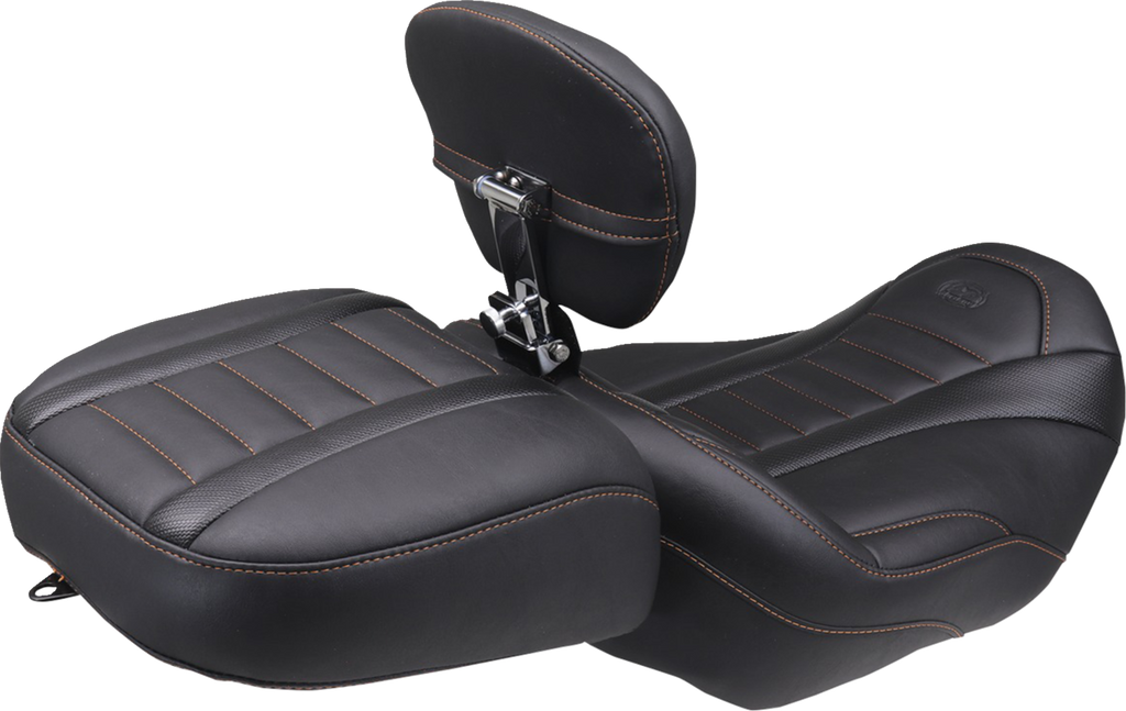 MUSTANG Deluxe Touring Solo Seat with Backrest for Harley FLT/FLH 2023-2025 – Mandarin Orange Stitch Part #89401MO
