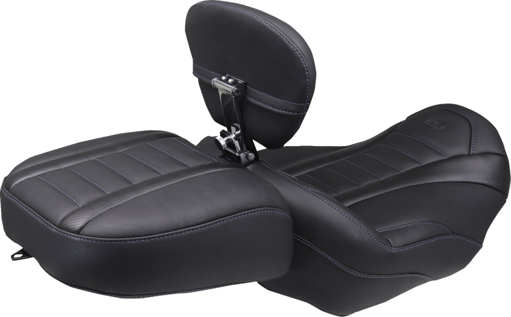 MUSTANG Deluxe Touring Solo Seat with Backrest for Harley FLT/FLH 2023-2025 - Sky Blue Stitch, Part #89401SB