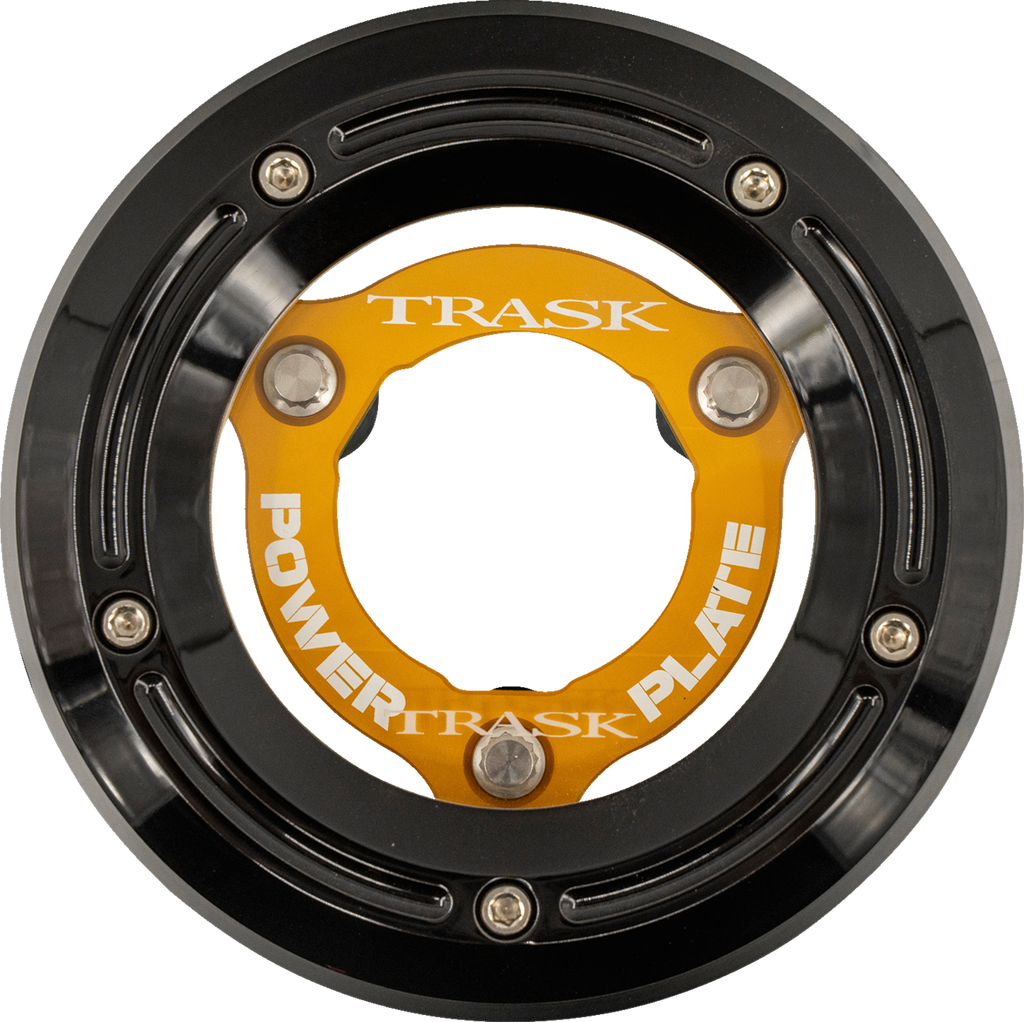 TRASK Derby Cover with Power Plate Kit for 2018-2025 Harley Softail – Black and Gold, Part TM-0052-BK-GD