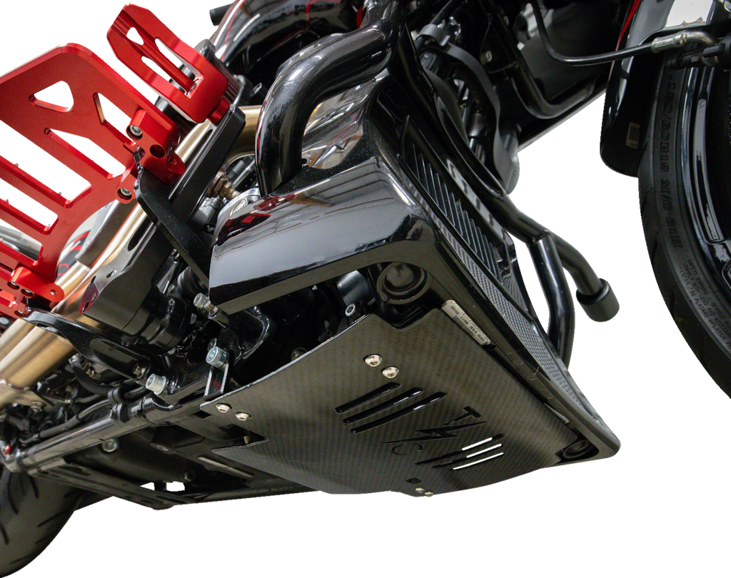 THRASHIN SUPPLY CO. Skid Plate for FLHX/FLTRX - Carbon Fiber with Black Billet Aluminum Brackets, Part TSC-3034-1
