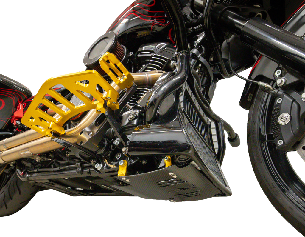 Thrashin Supply Co. Carbon Fiber Skid Plate with Gold Brackets for FLHX/FLTRX – Part TSC-3034-5