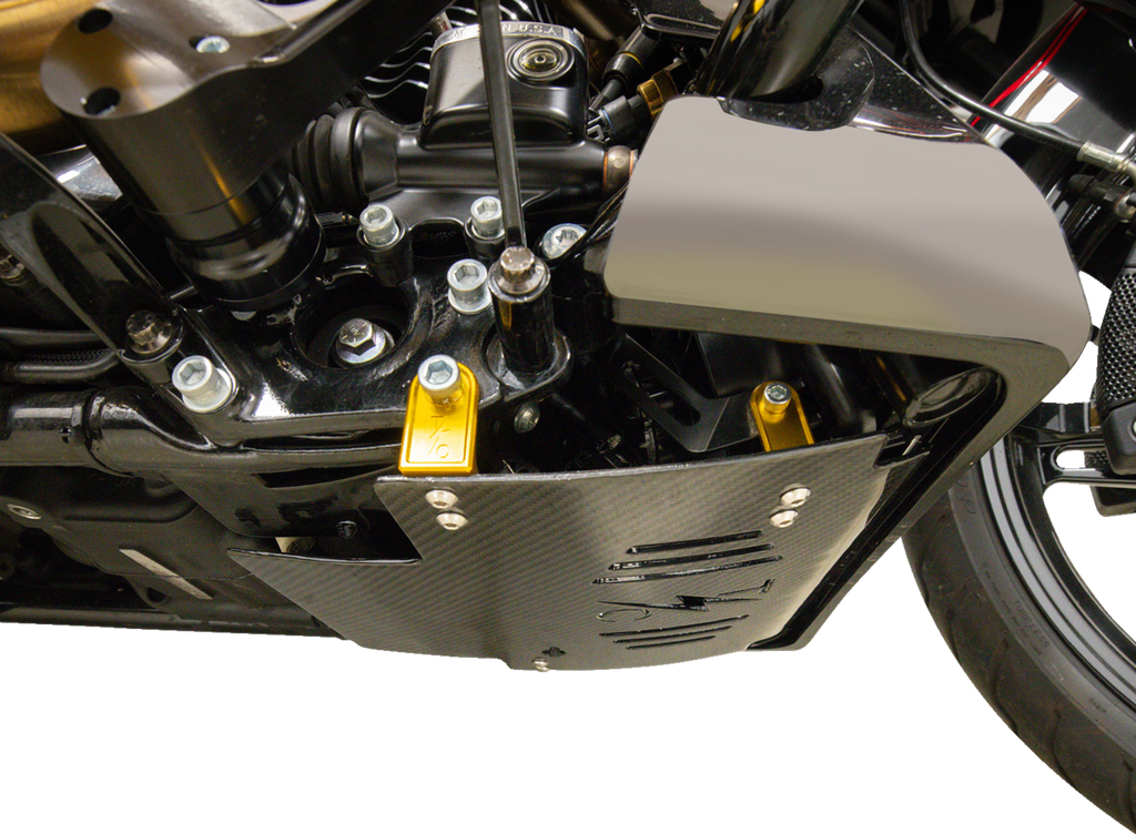 Thrashin Supply Co. Carbon Fiber Skid Plate with Gold Brackets for FLHX/FLTRX – Part TSC-3034-5