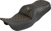 SADDLEMEN RoadSofa™ Tri Gripper Seat for FLH/FLT '08-'25 – Standard Reach, Gold Stitch, No Backrest