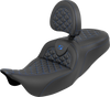 SADDLEMEN RoadSofa™ Tri Gripper Seat with Backrest for FLH/FLT 2008-2025, Standard Reach, Blue Stitch, Part 808-07B-210B1