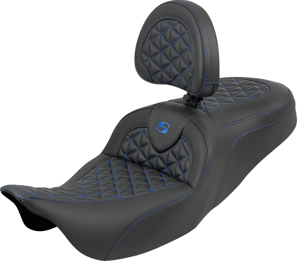 SADDLEMEN RoadSofa™ Tri Gripper Seat with Backrest for FLH/FLT 2008-2025, Standard Reach, Blue Stitch, Part 808-07B-210B1