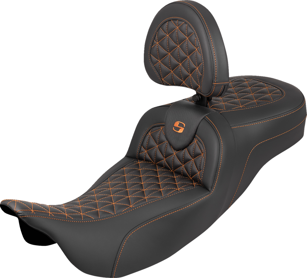 SADDLEMEN RoadSofa™ Tri Gripper Seat with Backrest for FLH/FLT 2008-2025 – Extended Reach, Orange Stitch, Part 808-07B-211B3