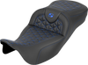 SADDLEMEN RoadSofa™ Tri Gripper Seat for FLH/FLT 2008-2025 – Extended Reach Blue Stitch, Part #808-07B-21101