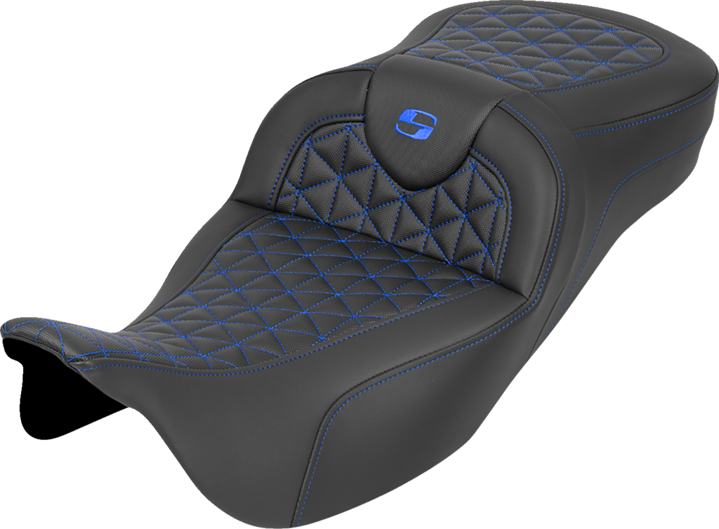 SADDLEMEN RoadSofa™ Tri Gripper Seat for FLH/FLT 2008-2025 – Extended Reach Blue Stitch, Part #808-07B-21101