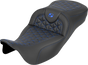 SADDLEMEN RoadSofa™ Tri Gripper Seat for FLH/FLT 2008-2025 – Extended Reach Blue Stitch, Part #808-07B-21101