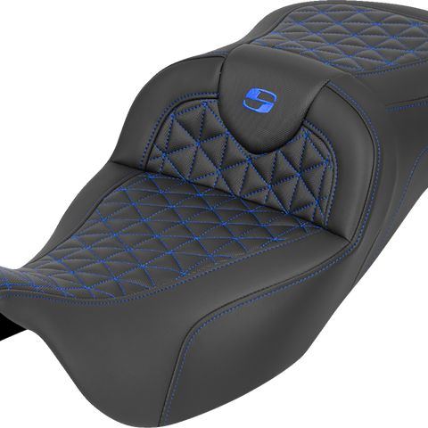 SADDLEMEN RoadSofa™ Tri Gripper Seat for FLH/FLT 2008-2025 – Extended Reach Blue Stitch, Part #808-07B-21101