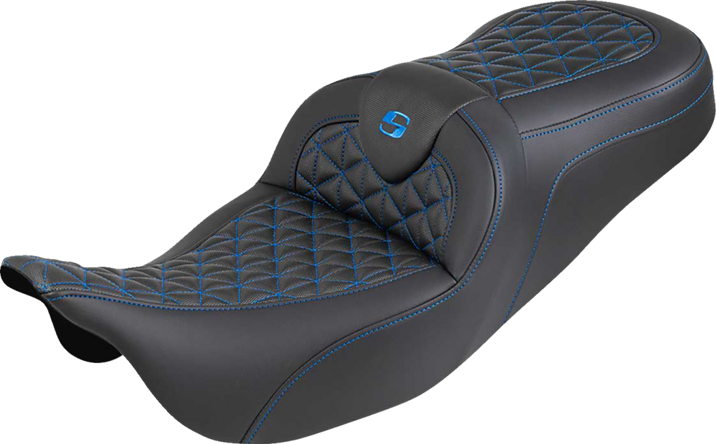 SADDLEMEN RoadSofa™ Tri Gripper Seat for FLH/FLT '08-'25 - Standard Reach, Blue Stitch, No Backrest