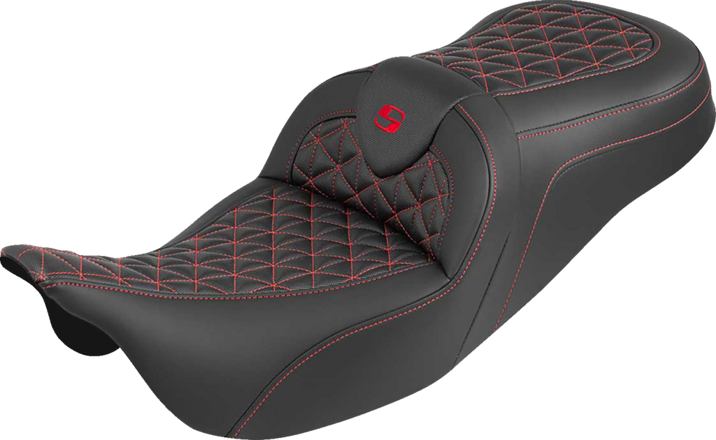 SADDLEMEN RoadSofa™ Tri Gripper Seat - Standard Reach with Red Stitch for FLH/FLT '08-'25 (Part Number 808-07B-21004)