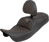 SADDLEMEN RoadSofa™ Tri Gripper Seat with Backrest - Standard Reach - Orange Stitch for FLH/FLT 2008-2025 — Part 808-07B-210B3