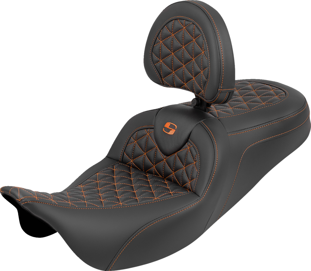 SADDLEMEN RoadSofa™ Tri Gripper Seat with Backrest - Standard Reach - Orange Stitch for FLH/FLT 2008-2025 — Part 808-07B-210B3