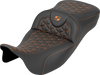 SADDLEMEN RoadSofa™ Tri Gripper Seat for FLH/FLT '08-'25 - Extended Reach with Orange Stitch