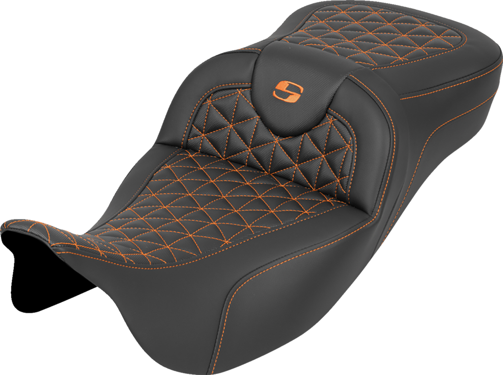 SADDLEMEN RoadSofa™ Tri Gripper Seat for FLH/FLT '08-'25 - Extended Reach with Orange Stitch