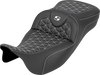 SADDLEMEN RoadSofa™ Tri Gripper Seat for FLH/FLT '08-'25 – Extended Reach with White Stitch