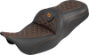 SADDLEMEN RoadSofa™ Tri Gripper Seat for FLH/FLT '08-'25 – Standard Reach, Orange Stitch, No Backrest