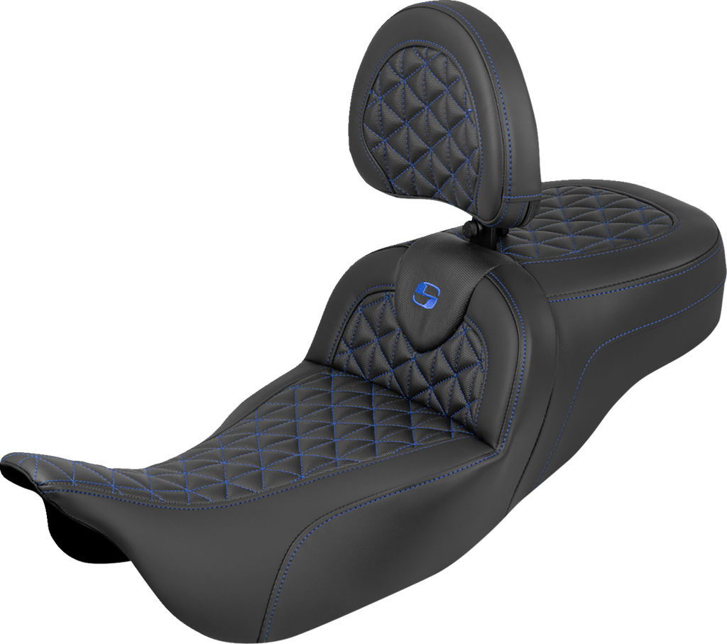 SADDLEMEN RoadSofa™ Tri Gripper Seat Extended Reach with Backrest for FLH/FLT 2008-2025 – Blue Stitch