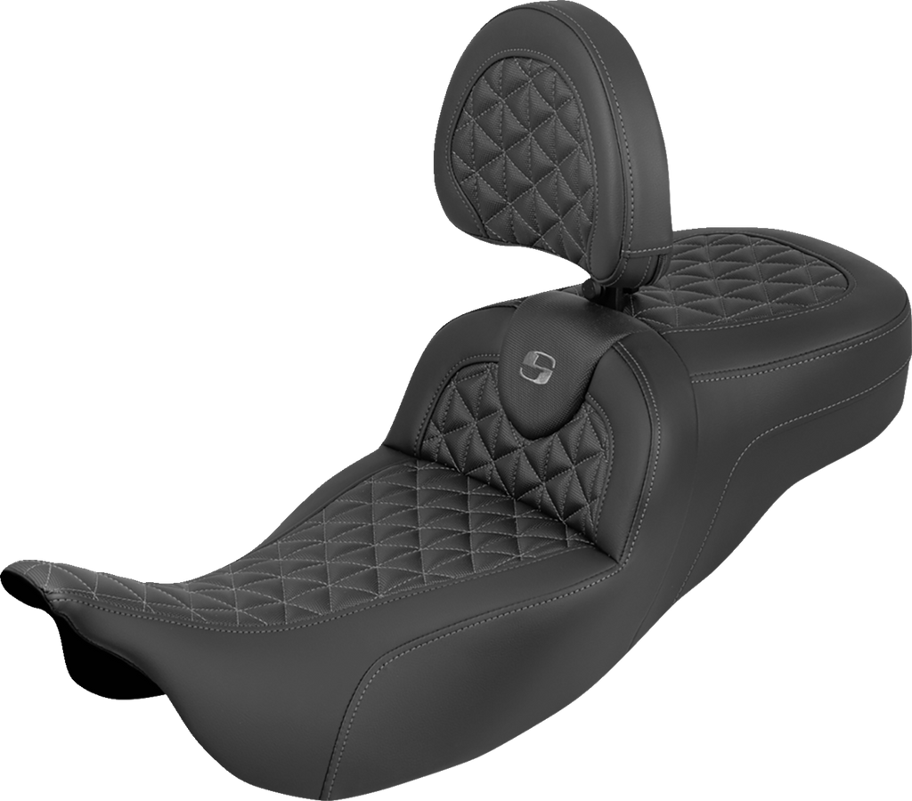 SADDLEMEN RoadSofa™ Tri Gripper Seat with Backrest for FLH/FLT 2008-2025 - Extended Reach Gray Stitch
