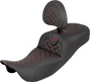 SADDLEMEN RoadSofa™ Tri Gripper Seat with Backrest for FLH/FLT 2008-2025 – Extended Reach, Red Stitch, Model 808-07B-211B4
