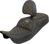 SADDLEMEN RoadSofa™ Tri Gripper Seat with Backrest for FLH/FLT '08-'25 - Standard Reach, Gold Stitch, Part# 808-07B-210B7