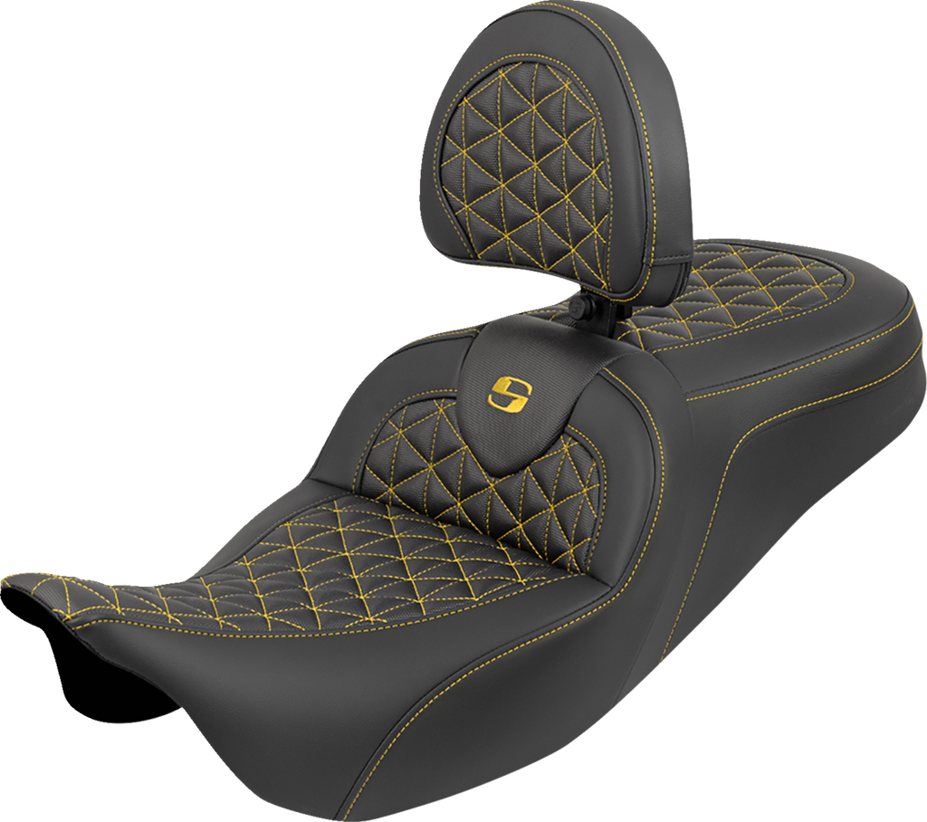 SADDLEMEN RoadSofa™ Tri Gripper Seat with Backrest for FLH/FLT '08-'25 - Standard Reach, Gold Stitch, Part# 808-07B-210B7