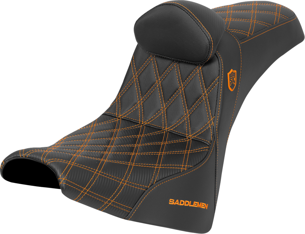 SADDLEMEN Pro Series SDC Performance Seat with Backrest for FXBB/FXST (2018-2025) - Orange Stitch, Gripper, and Lumbar Support