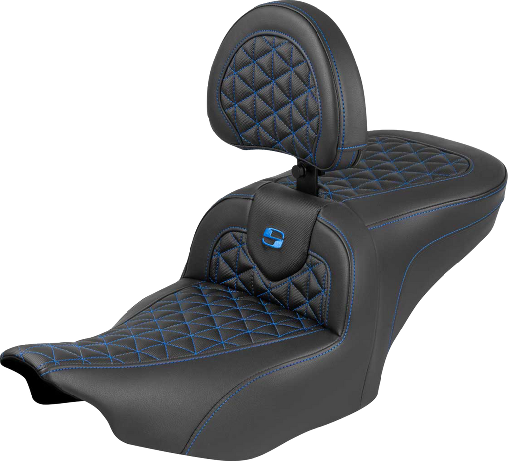 SADDLEMEN Roadsofa™ Seat with Backrest for FLH/FLT '23-'25 – Blue Stitch, Part Number 823-07-210B1