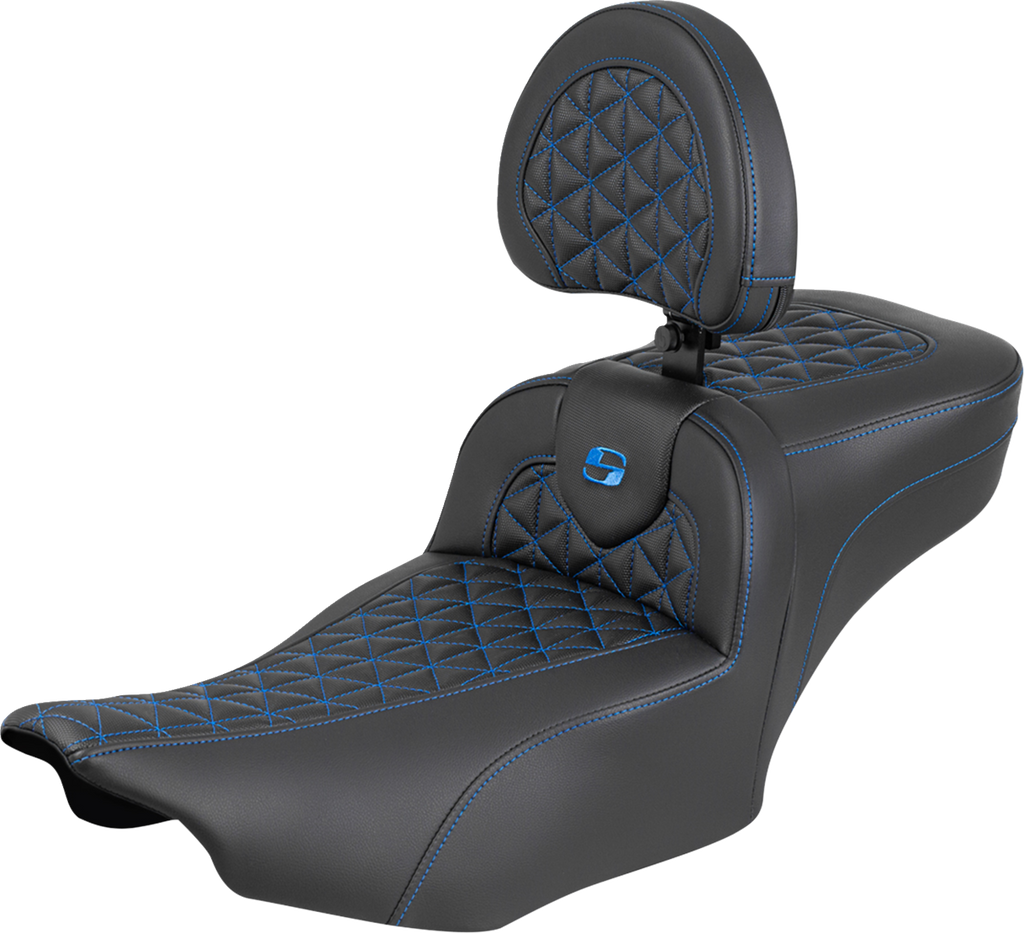 SADDLEMEN Roadsofa Extended Reach Seat with Backrest for FLH/FLT 2023-2025, Blue Stitch - Part 823-07-211B1