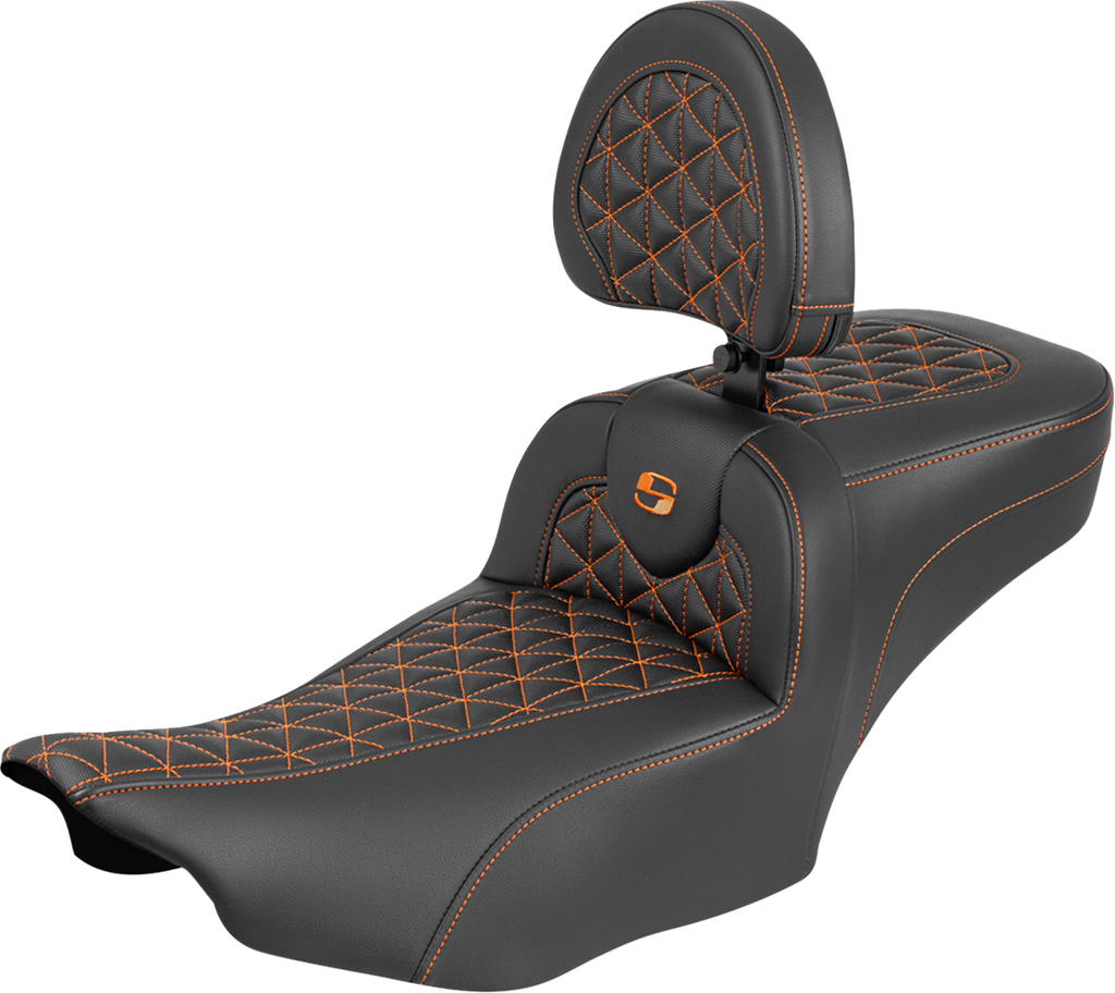 SADDLEMEN Roadsofa™ Extended Reach Seat with Backrest - Orange Stitch for FLH/FLT 2023-2025 | Part #823-07-211B3