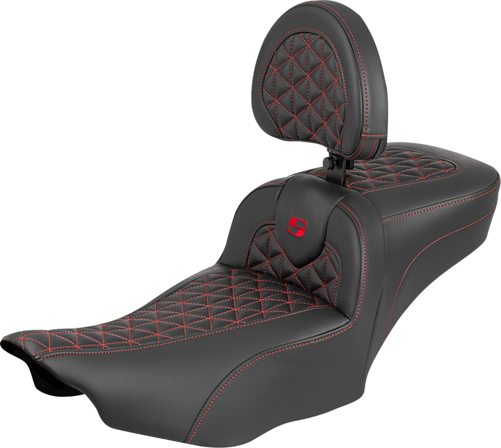 SADDLEMEN Roadsofa™ Extended Reach Seat with Backrest for FLH/FLT 2023-2025 – Red Stitch, Part #823-07-211B4
