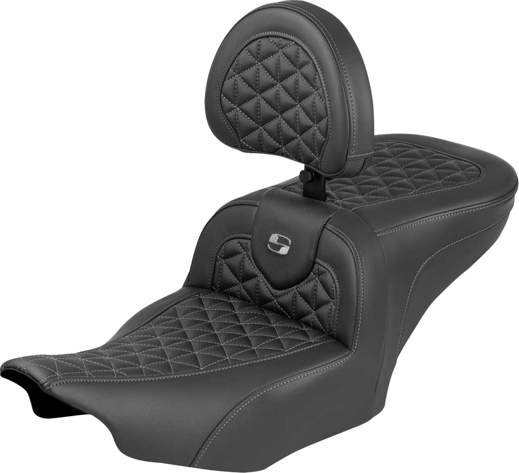 SADDLEMEN Roadsofa™ Seat with Backrest for FLH/FLT 2023-2025 – Gray Stitch, Part Number 823-07-210B2