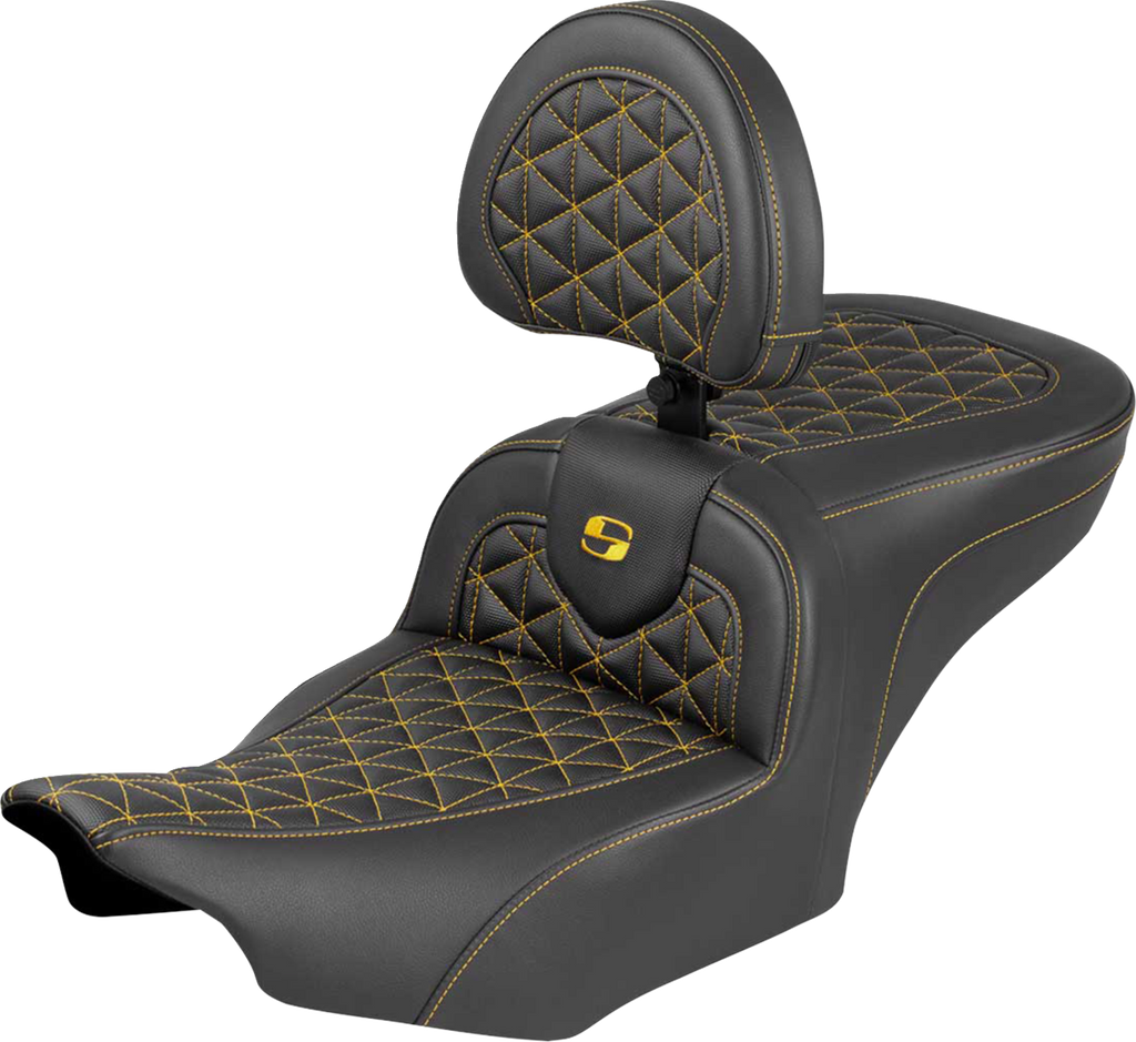SADDLEMEN Roadsofa™ Seat with Backrest for FLH/FLT 2023-2025 - Gold Stitch, Part Number 823-07-210B7