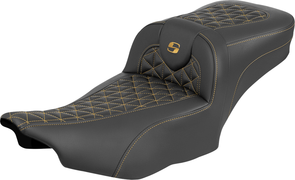 SADDLEMEN Roadsofa™ Extended Reach Seat for FLH/FLT '23-'25 - Gold Stitch, Part Number 823-07-21107