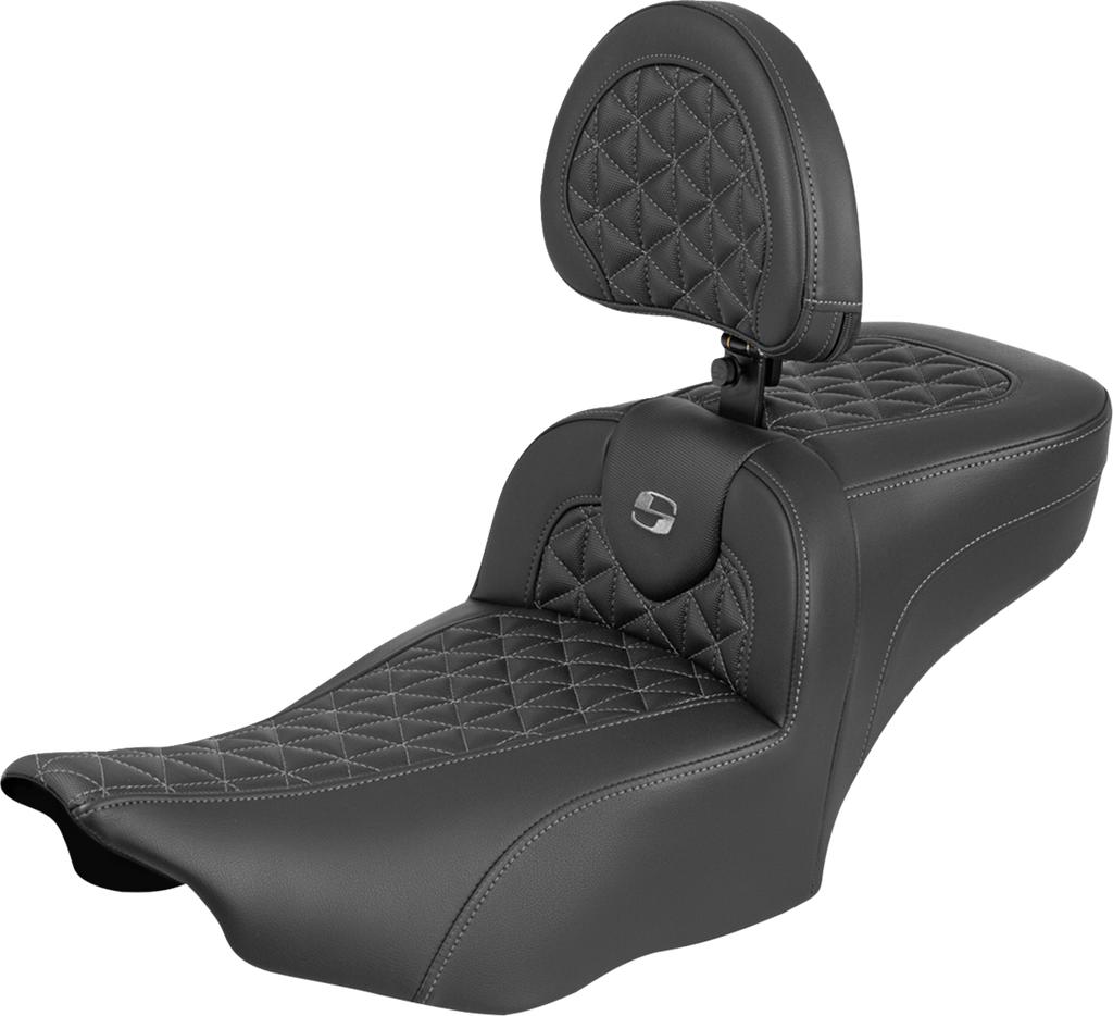 SADDLEMEN Roadsofa™ Extended Reach Seat with Backrest for FLH/FLT '23-'25 - Gray Stitch, Part Number 823-07-211B2