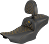 SADDLEMEN Roadsofa™ Extended Reach Seat with Backrest for FLH/FLT 2023-2025 - Gold Stitch, Part Number 823-07-211B7