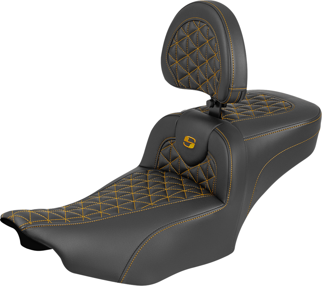 SADDLEMEN Roadsofa™ Extended Reach Seat with Backrest for FLH/FLT 2023-2025 - Gold Stitch, Part Number 823-07-211B7