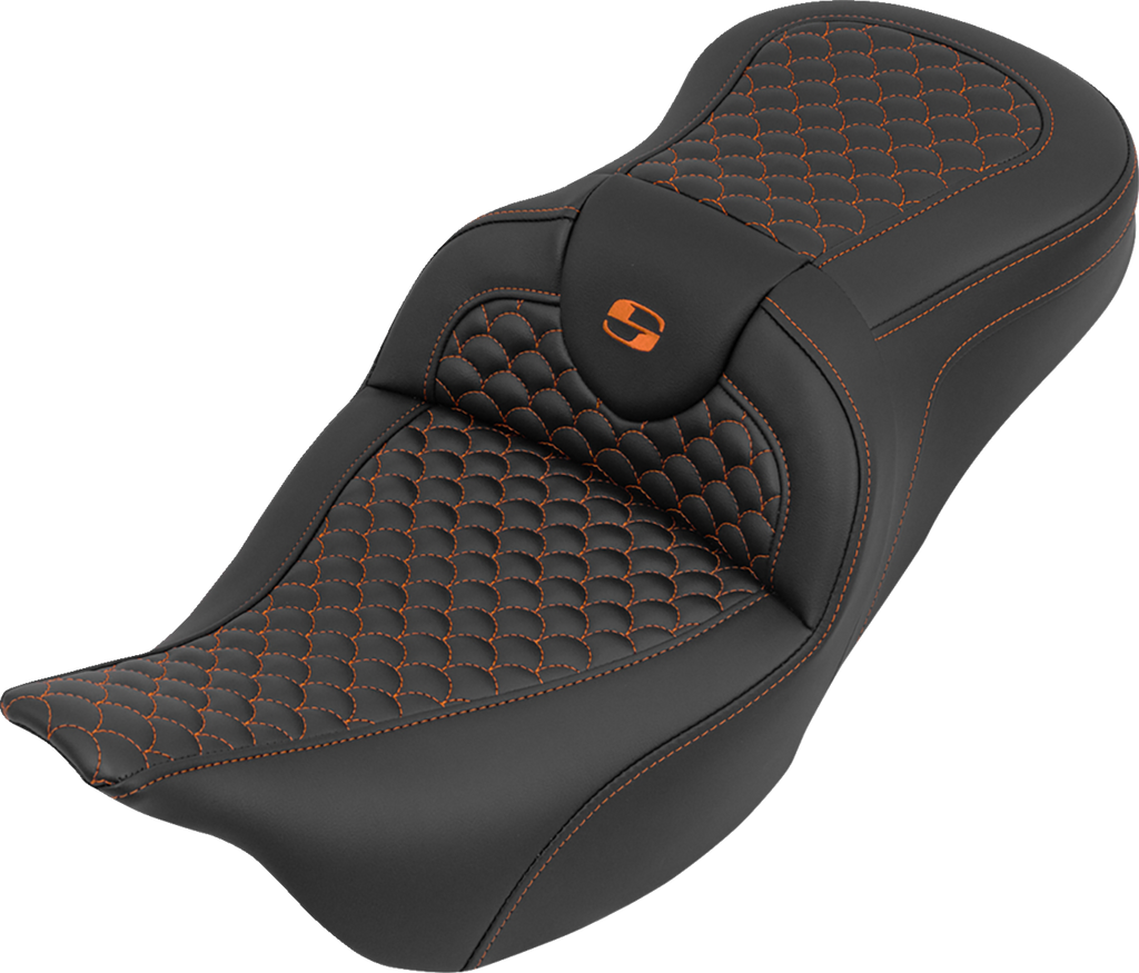 SADDLEMEN Roadsofa™ Seat without Backrest for Harley FLH/FLT 2008-2025 – Dragon Stitch Orange Stitch - Part 808-07B-20803