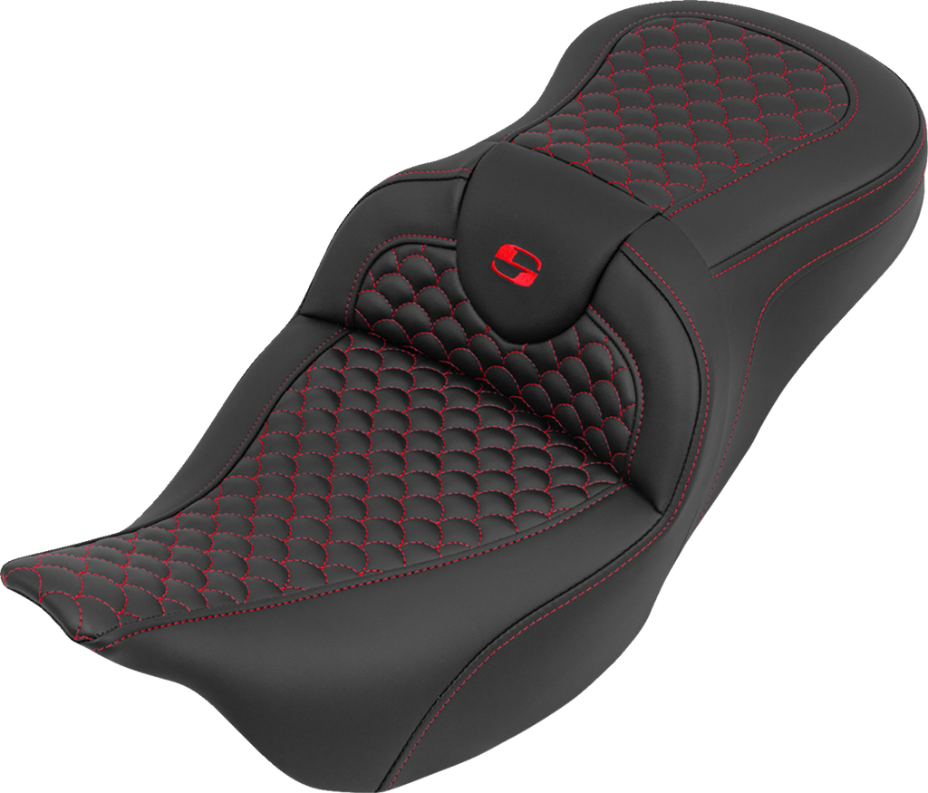 SADDLEMEN Roadsofa™ Seat without Backrest for FLH/FLT '08-'25 - Dragon Stitch with Red Stitch, Part #808-07B-20804