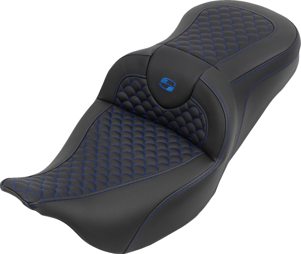 SADDLEMEN Roadsofa™ Seat for FLH/FLT 2008-2025 with Dragon Stitch and Blue Accents - Part 808-07B-20801