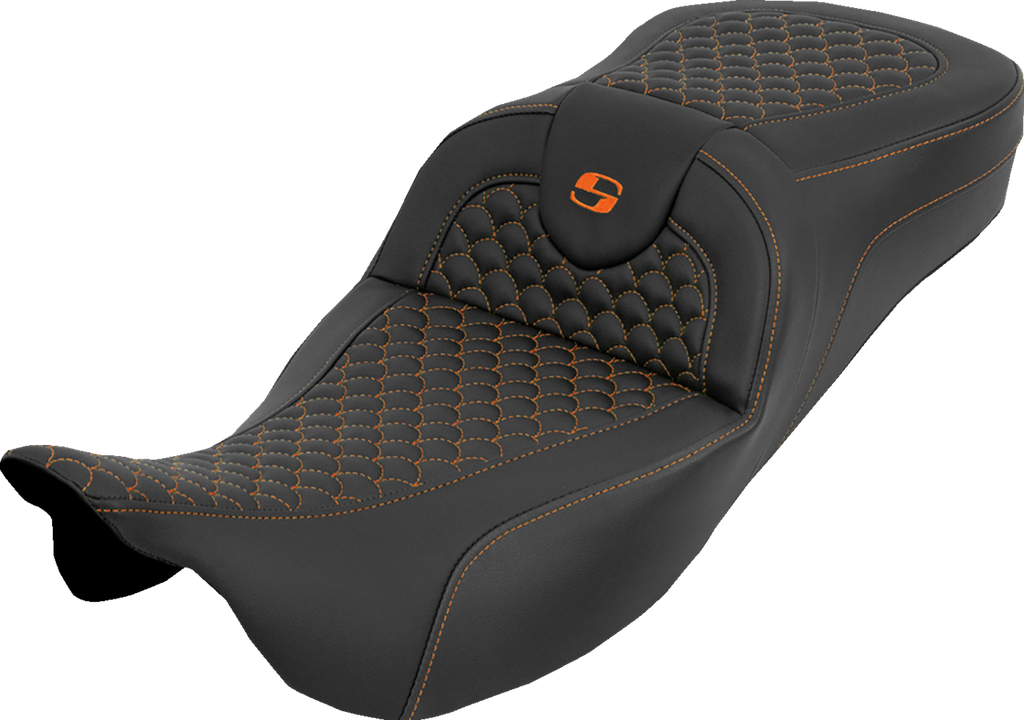 SADDLEMEN Extended Reach RoadSofa™ Seat for FLH/FLT 2008-2025 - Dragon Scale Orange Stitch